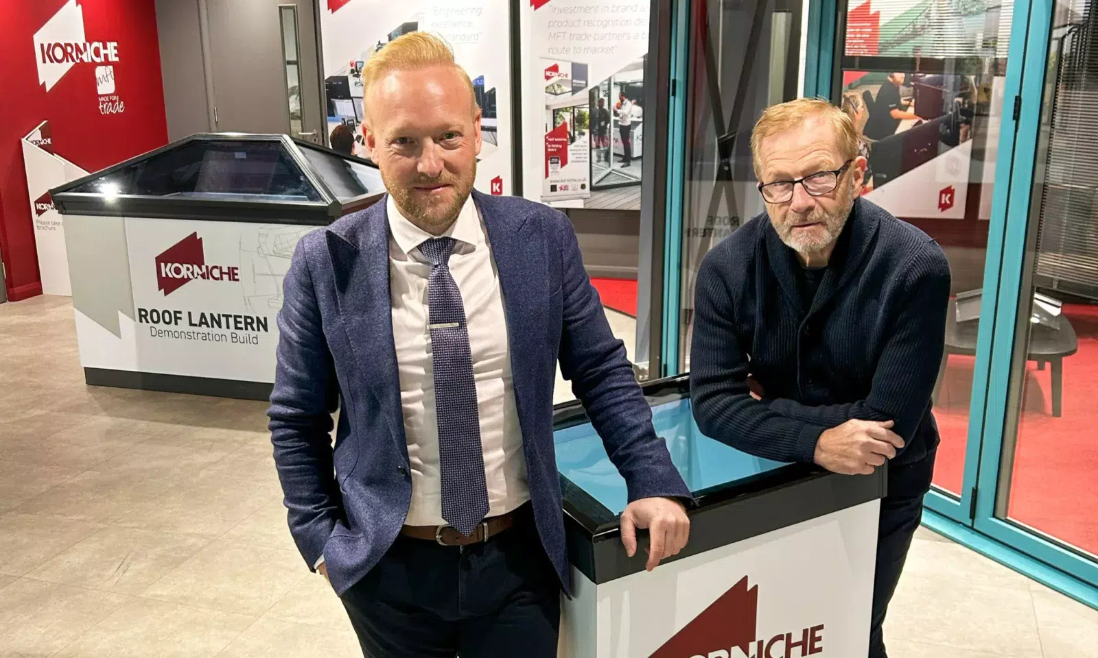 Bradley with Richard Gaunt in todays Head Office Show Room with the new Korniche Flat Glass product
