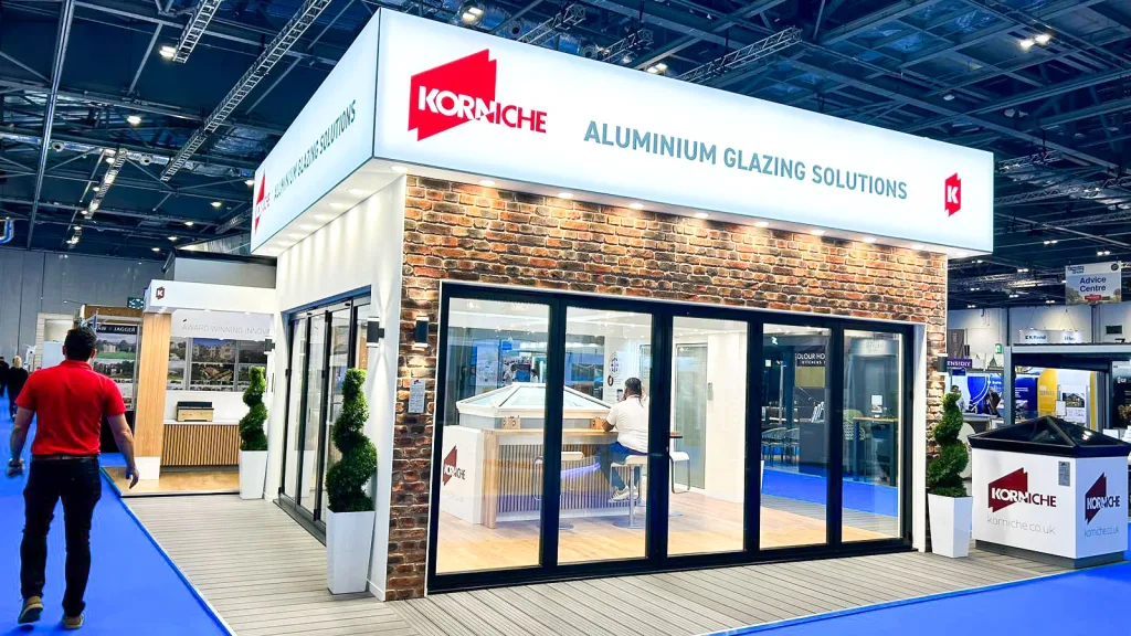 wide shot of the Korniche booth showcasing modern bi-folding doors and a roof lantern.