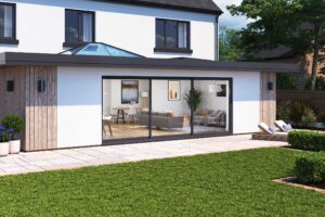 Cortizo 4700 Sliding Door: Complete Exterior Transformation Cortizo 4700 Sliding Door with Korniche Technology, showcasing a modern home with a spacious patio and lush green lawn.