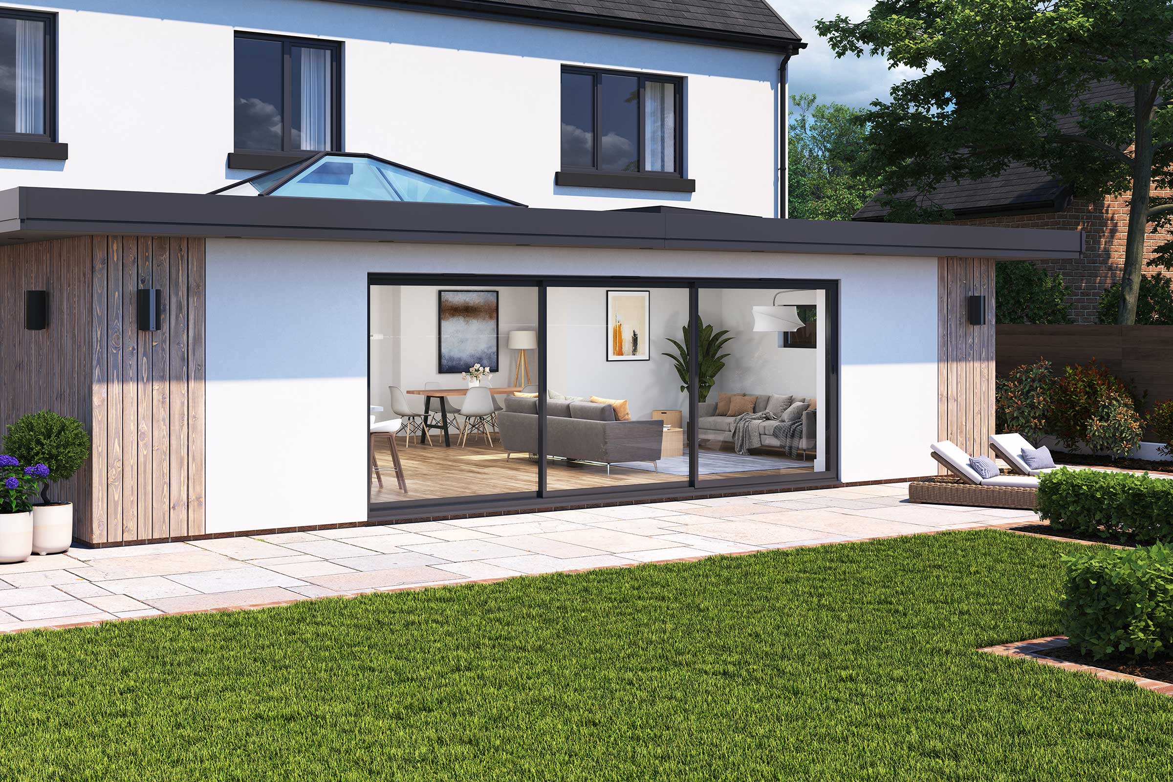 Cortizo 4700 Sliding Door with Korniche Technology, showcasing a modern home with a spacious patio and lush green lawn.