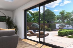 Cortizo 4700 Sliding Door: Open and Airy Cortizo 4700 Sliding Door with Korniche Technology, open and inviting, showcasing its sleek design and modern aesthetic.