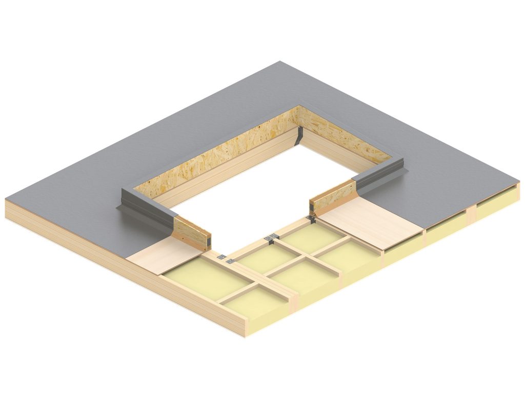 Cross-section of a cold roof construction featuring the Korniche Upstand for a roof window.
