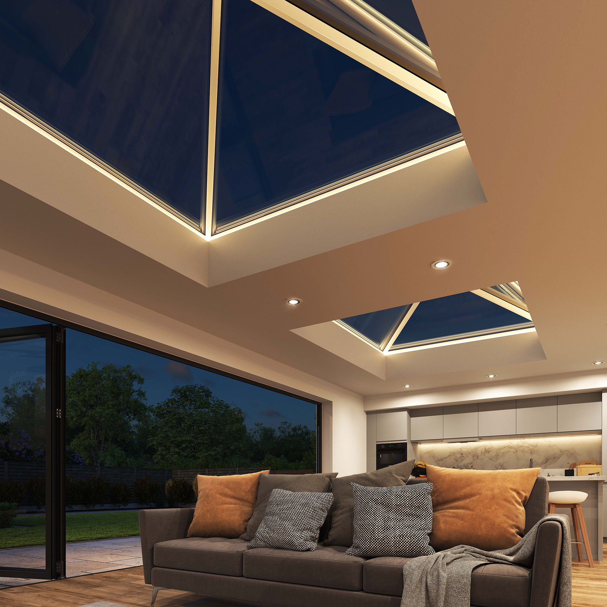 Illuminated Evenings: Korniche Roof Lanterns and Open Bifold Doors Interior view at night showing two LED-illuminated Korniche Roof Lanterns and an open Korniche Bifold Door leading to the outside.