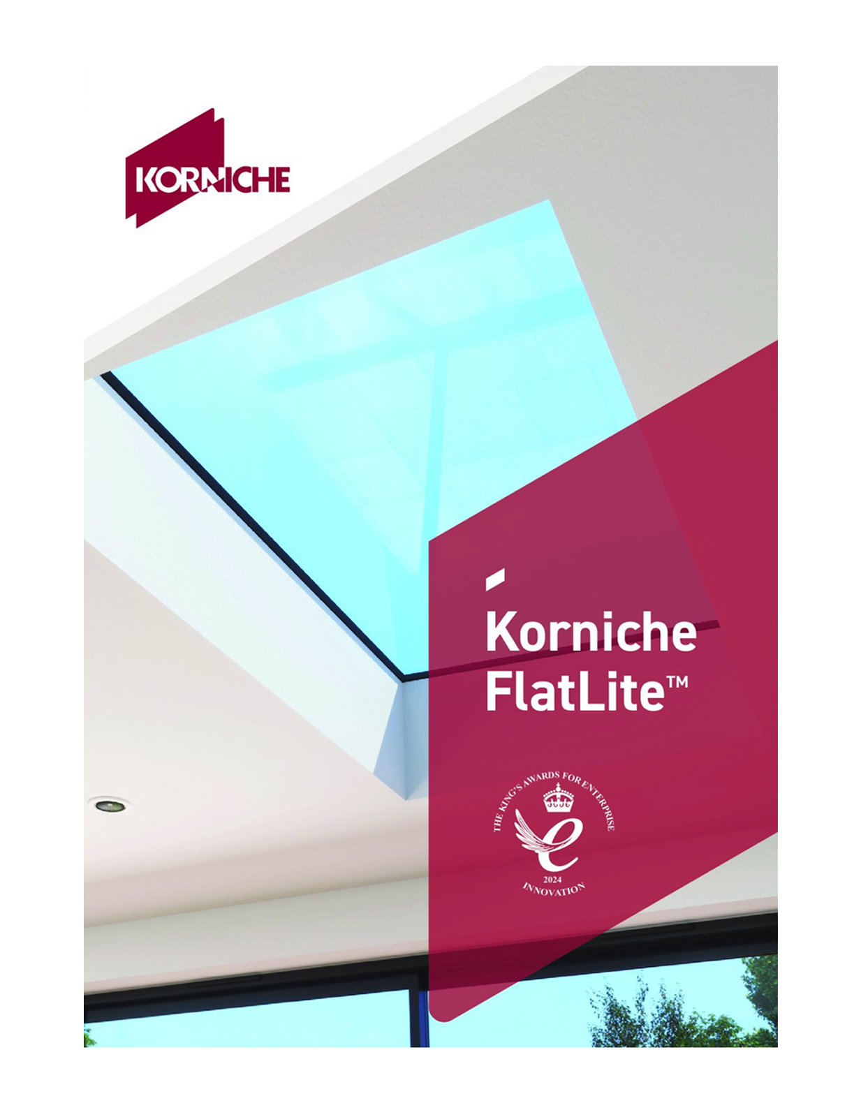 Korniche FlatLite Brochure front page featuring a modern, sleek flat rooflight illuminating an interior space, with the Korniche logo and King's Awards for Enterprise 2024 Innovation emblem.