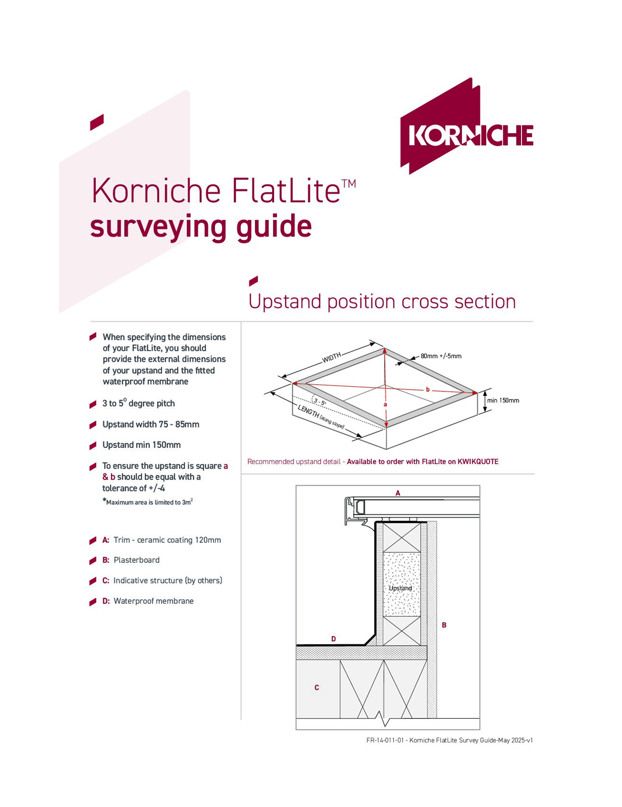 Korniche FlatLite Surveying Guide front page with upstand position cross-section and corner flashing detail, showing dimensions and material layers for flat rooflight installation.