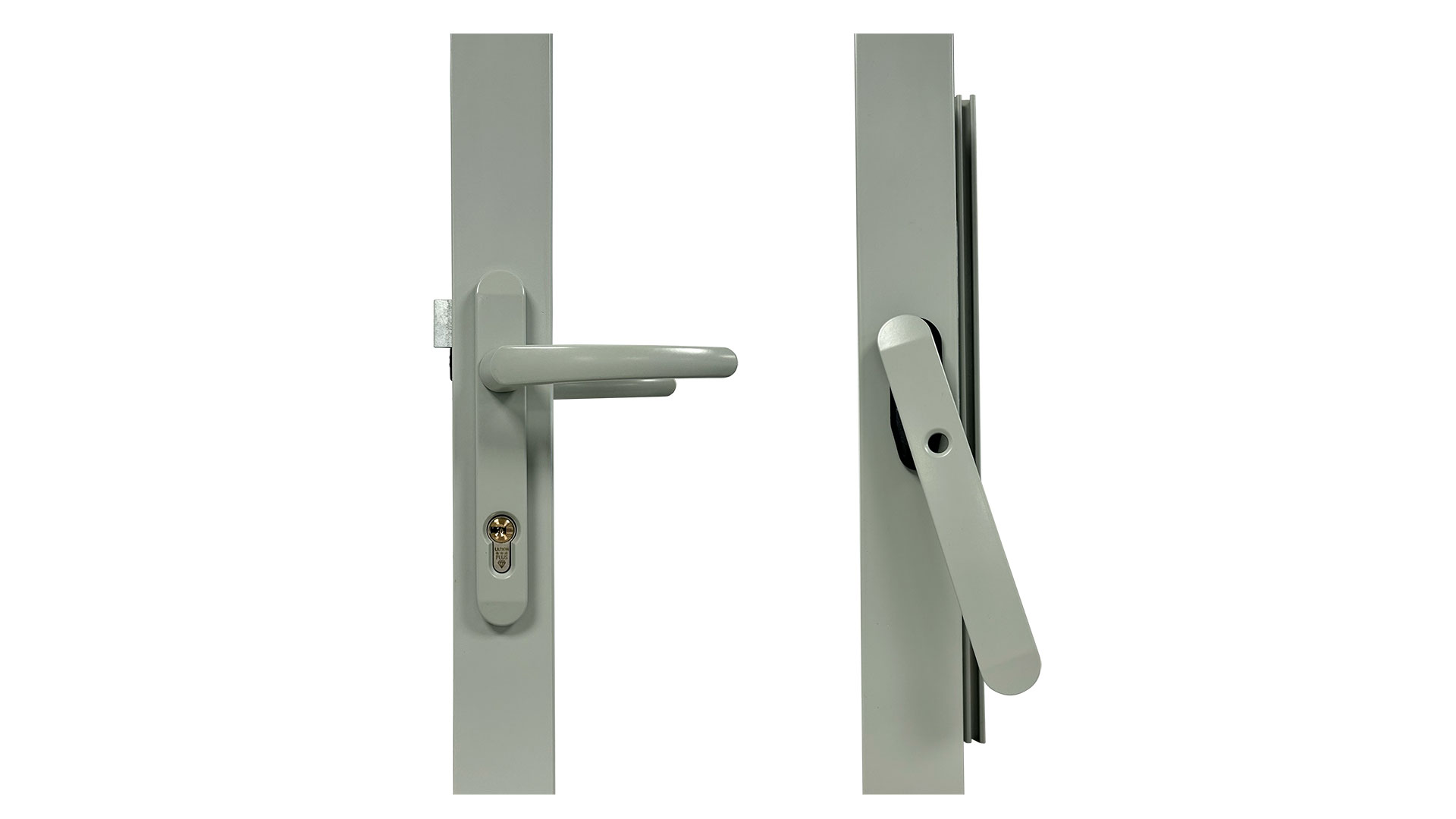 Grey bi-fold door handles: Close-up showing a shootbolt handle with a keyhole and a traffic handle, both in matching Agate Grey finish on a door frame.