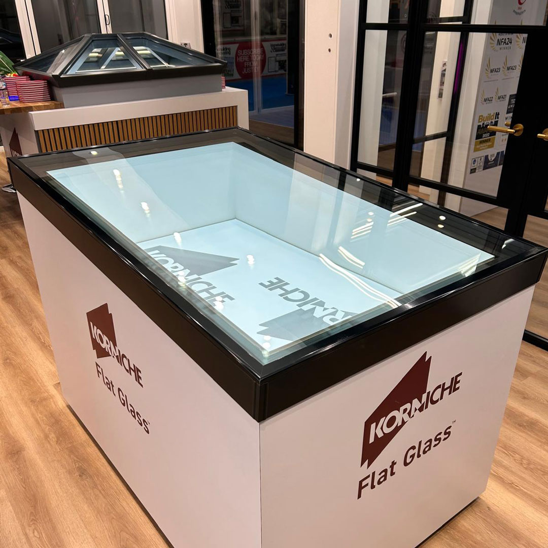 Elegant Korniche Flat Glass Rooflight A finished installation example of the sleek Korniche Flat Glass Rooflight on the exhibition stand.