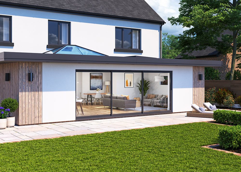 CGI of a modern home extension featuring a 3-pane Cortizo 4700 Sliding Patio Door, showcasing slim sightlines and excellent natural light.