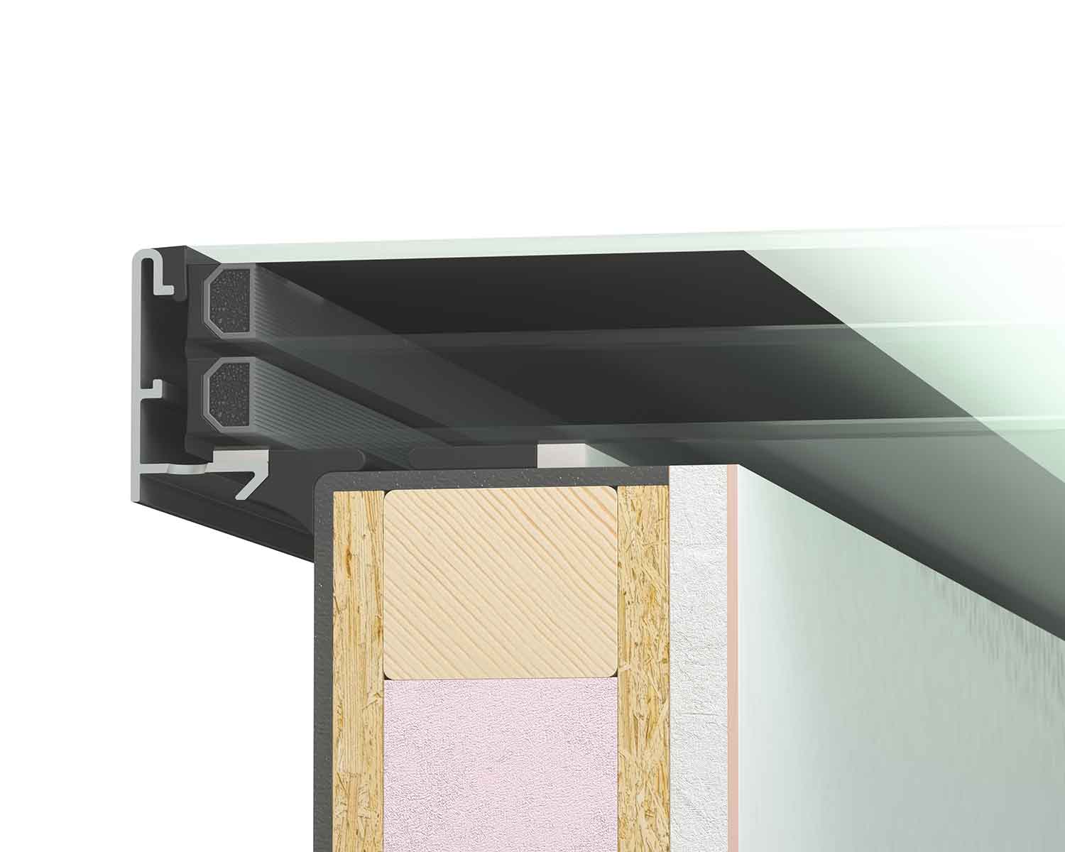 Korniche FlatLite triple glazed flat rooflight cross section showing enhanced thermal insulation and aluminium frame profile