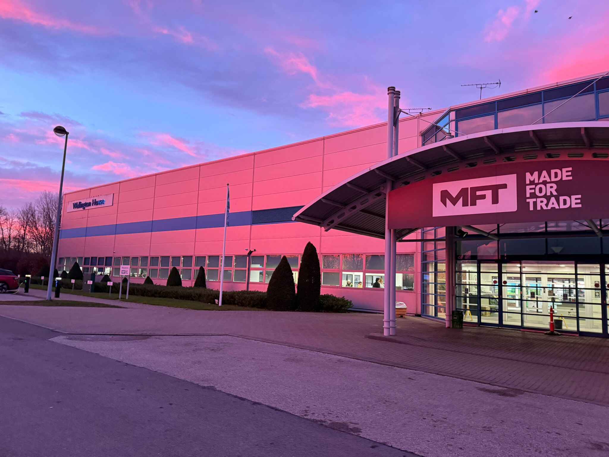 Made for Trade – Christmas 2026 Order Deadlines & Opening Hours Made for Trade headquarters in Teesside at sunset, featuring the main entrance and company signage.